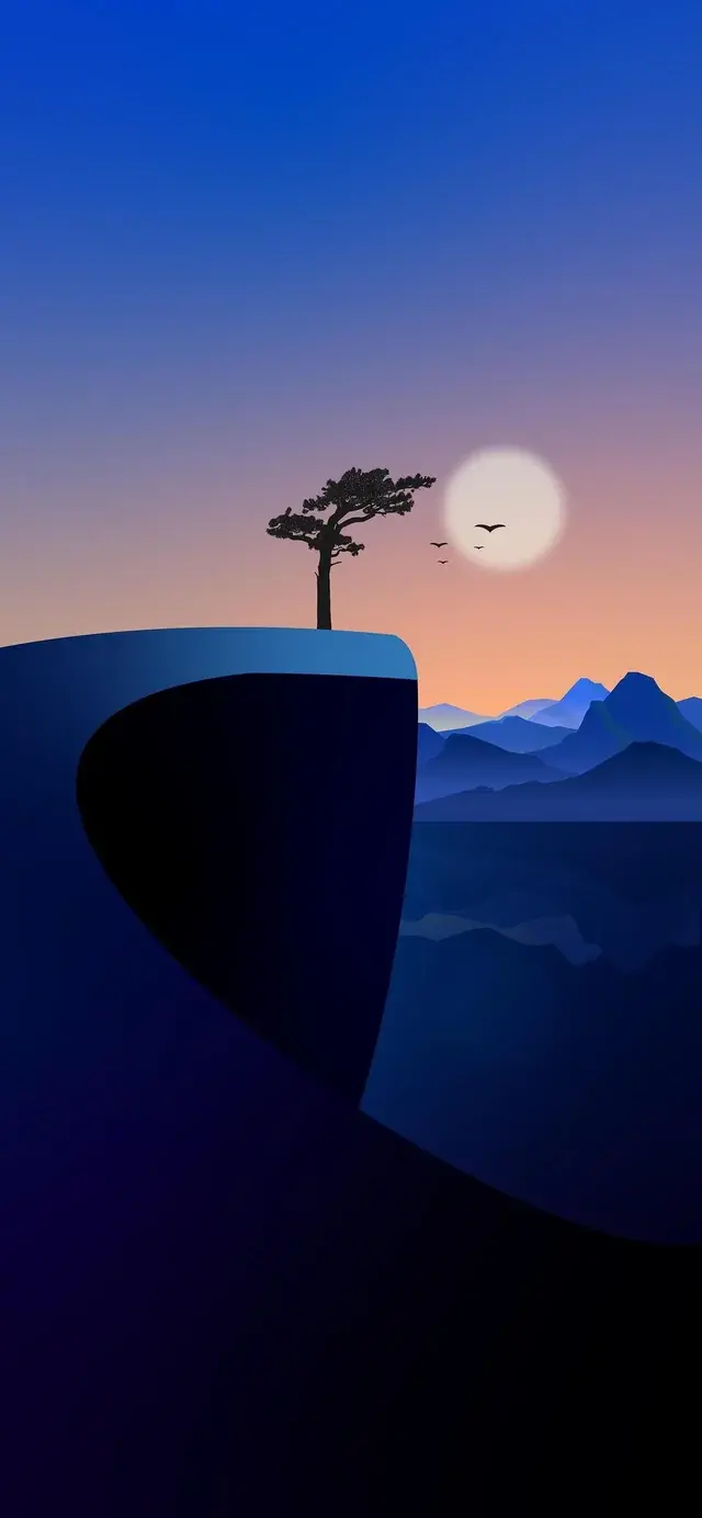 Wallpaper For Apple iPhone Cartoon Drawing Digital Tree On The Edge Of A Mountain With Moon Blue wallpaper for Apple iPhone, Apple Watch, Mac, iPad and Apple Watch