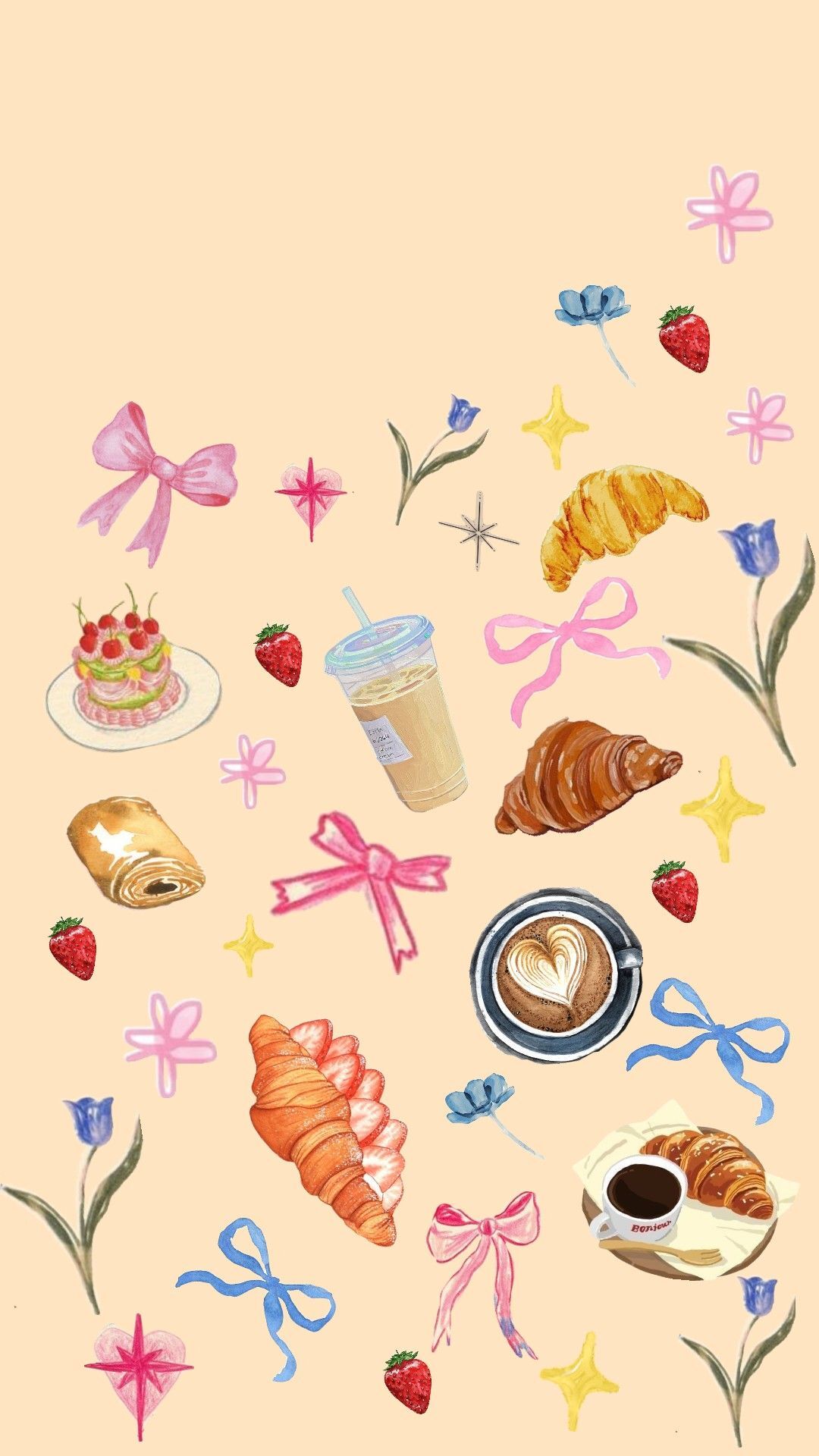 Wallpaper For Apple iPhone Cute Preppy Cream Color French Food And Ribbons For Girls