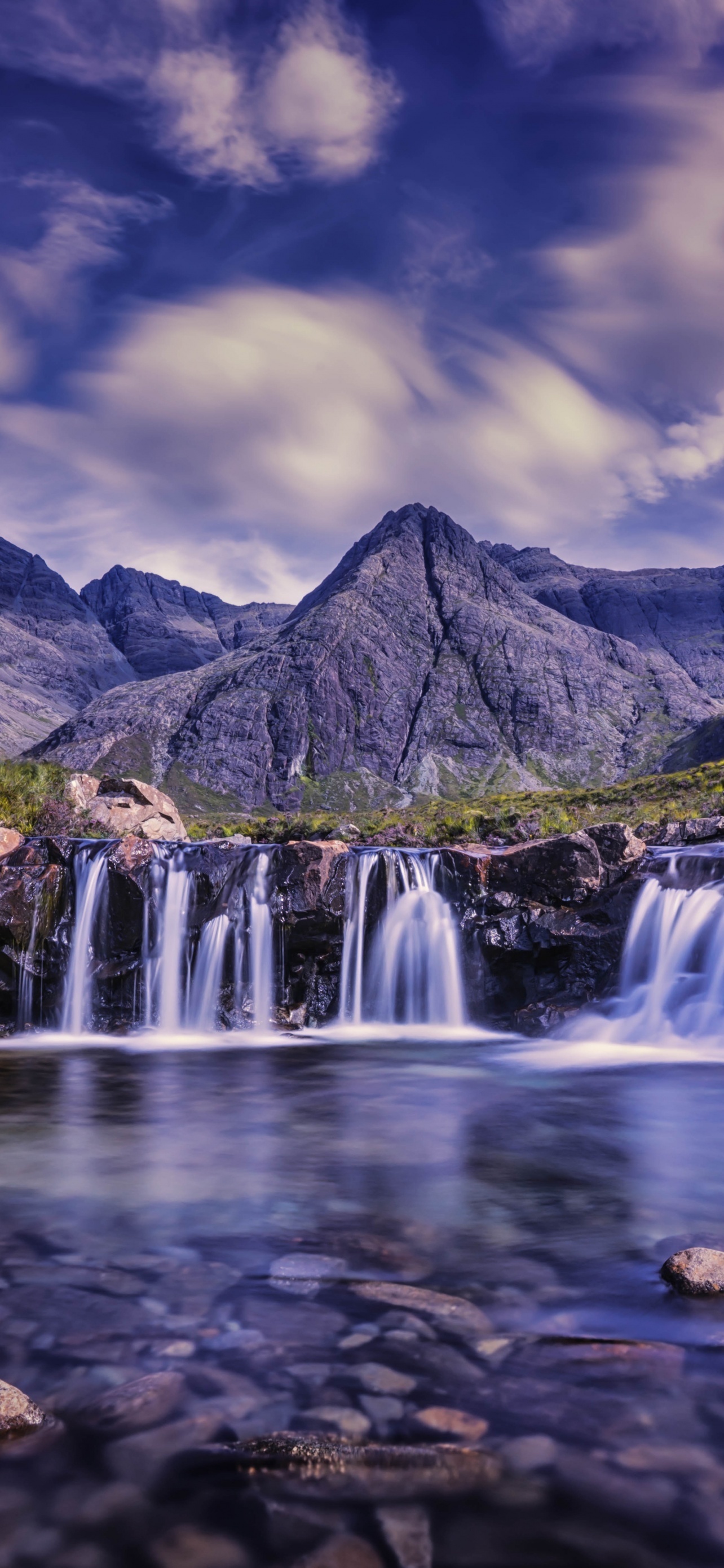 Waterfalls Cloudy Sky River Stream Water Flow Long Exposure