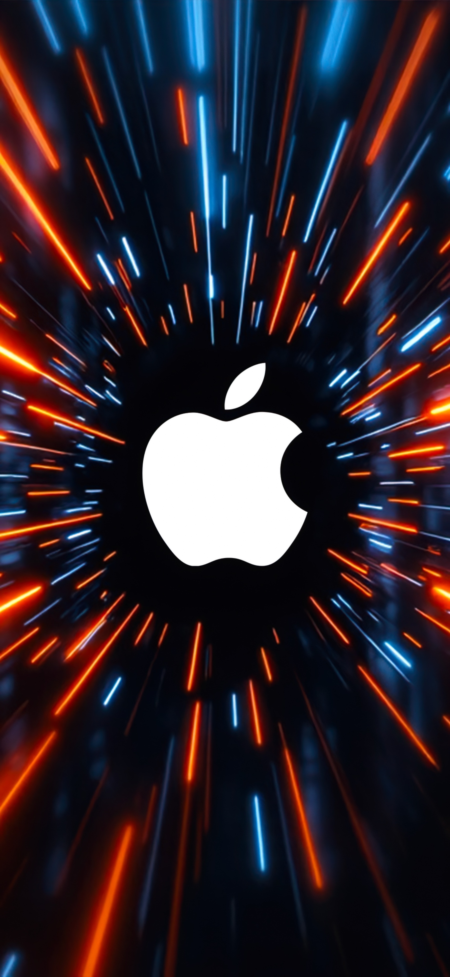 White Apple Logo With Glowing Neon Blue And Orange Lines Vortex Super Speed Hypersonic