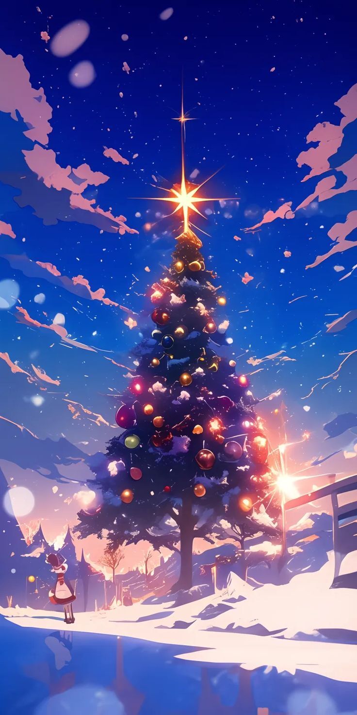 Xmas Christmas Anime Tree Pine Star Clouds Snow wallpaper for Apple iPhone, Apple Watch, Mac, iPad and Apple Watch