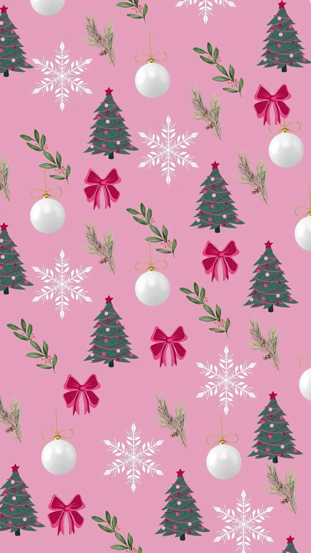 Xmas Christmas Baby Pink Background Wallpaper 4K HD Mistletoe Snowflakes