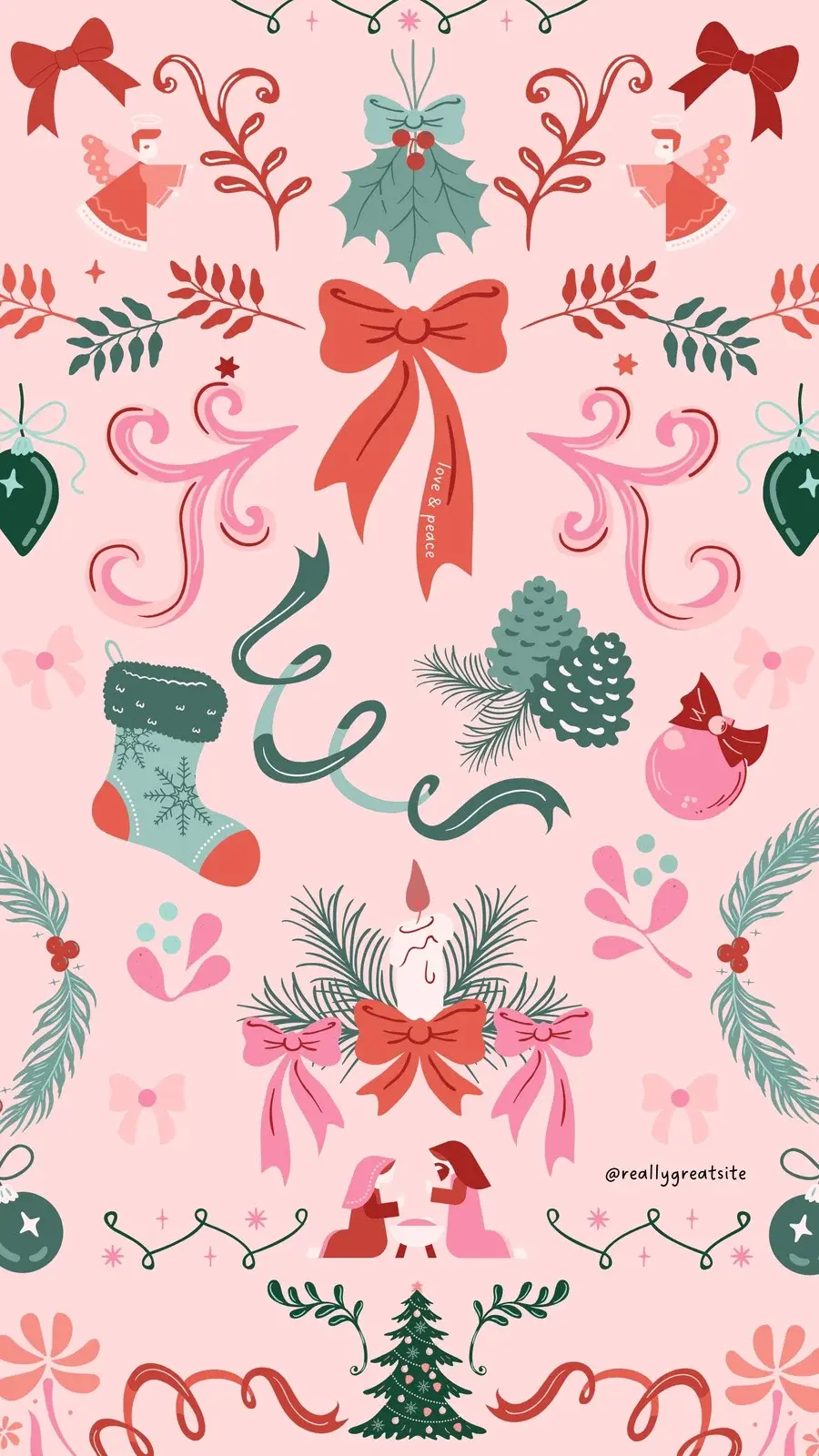 Xmas Christmas Baby Pink Ribbons Pine Socks Decorations wallpaper for Apple iPhone, Apple Watch, Mac, iPad and Apple Watch