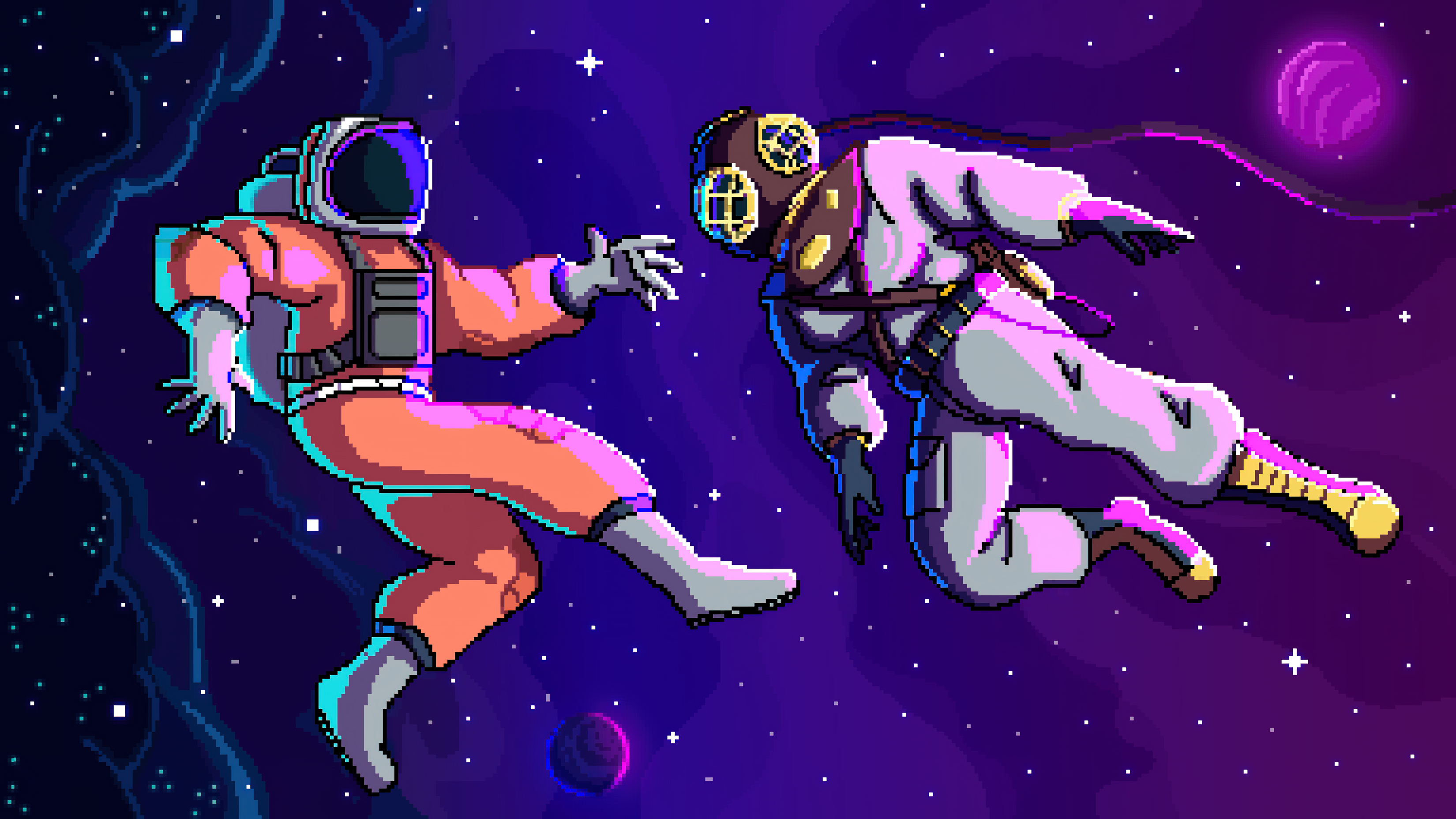 Astronauts Pixel 8-bit 8bit Digital Illustrations Artwork 8K Ultra-HD Ultra HD Computer Desktop Image Screensavers Wallpapers Backgrounds Backdrops Display Image Theme 4K Mac And PC wallpaper for Apple iPhone, Apple Watch, Mac, iPad and Apple Watch