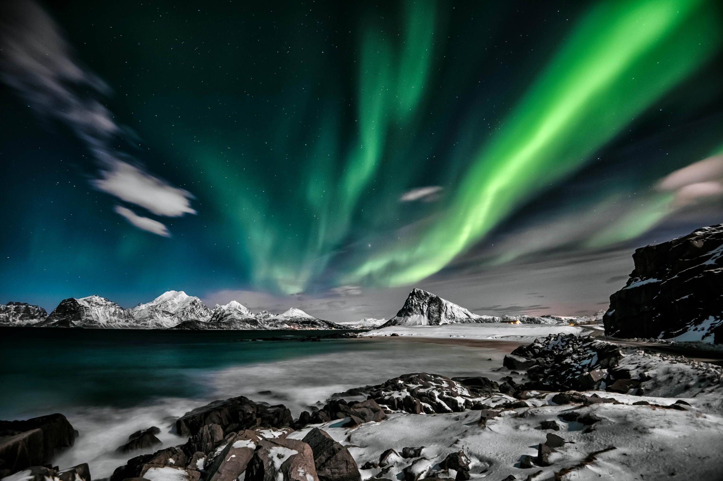 Aurora Borealis Northern Lights Green With Snowcapped Mountains Midwinter