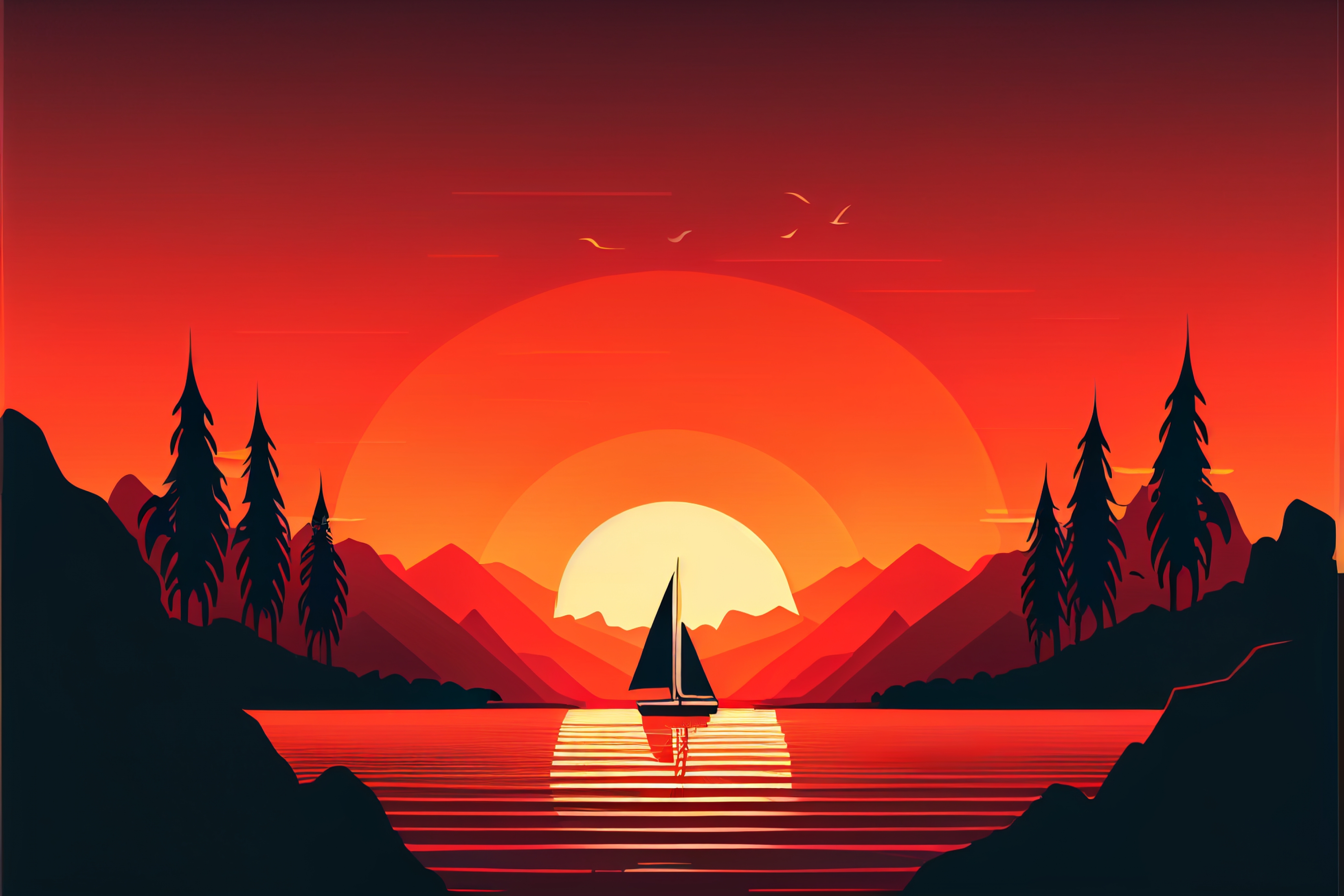 Boat Sails Into The Red Sunset Digital Painting Artwork