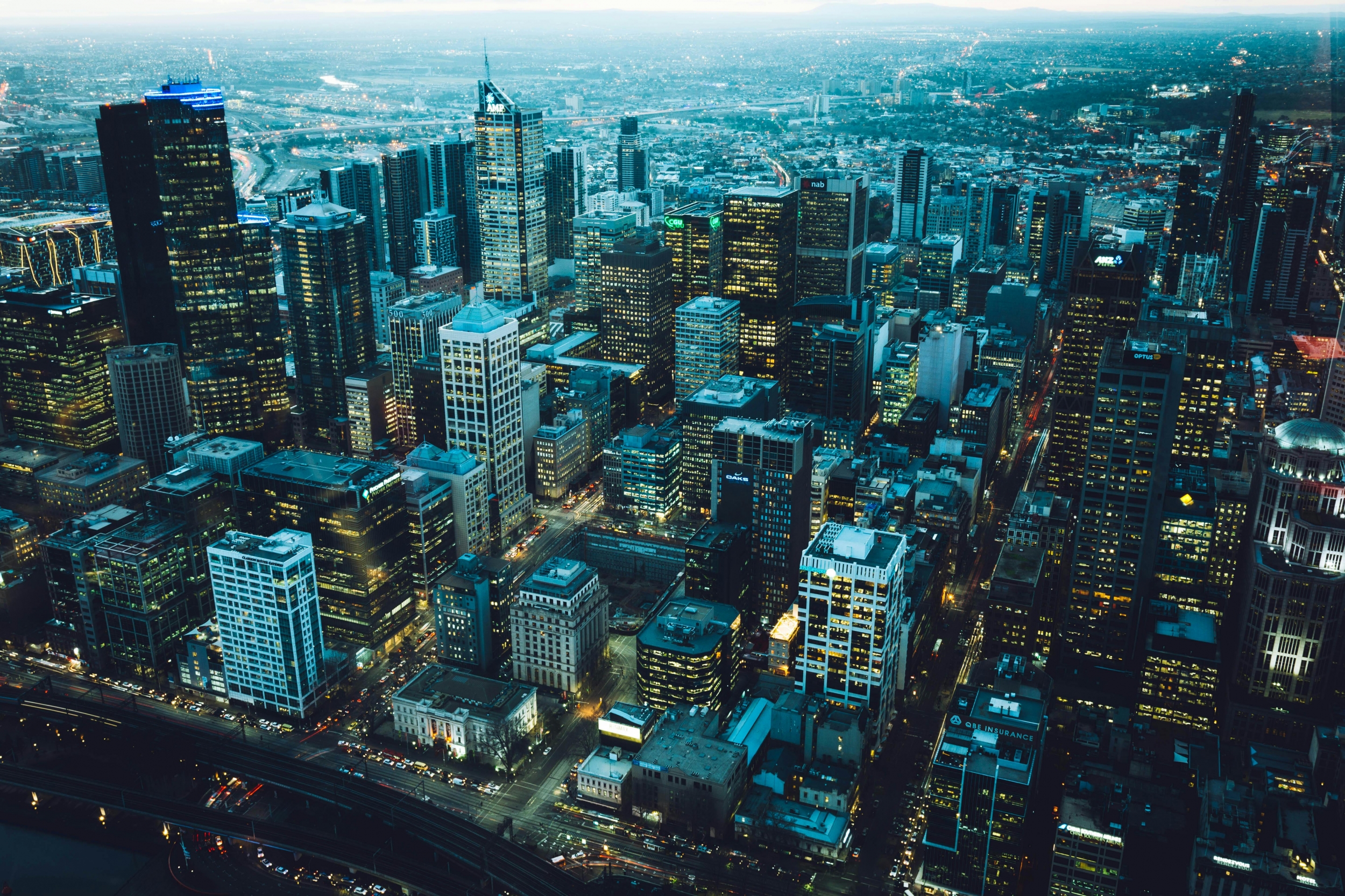 City Skyline From Above With Lights