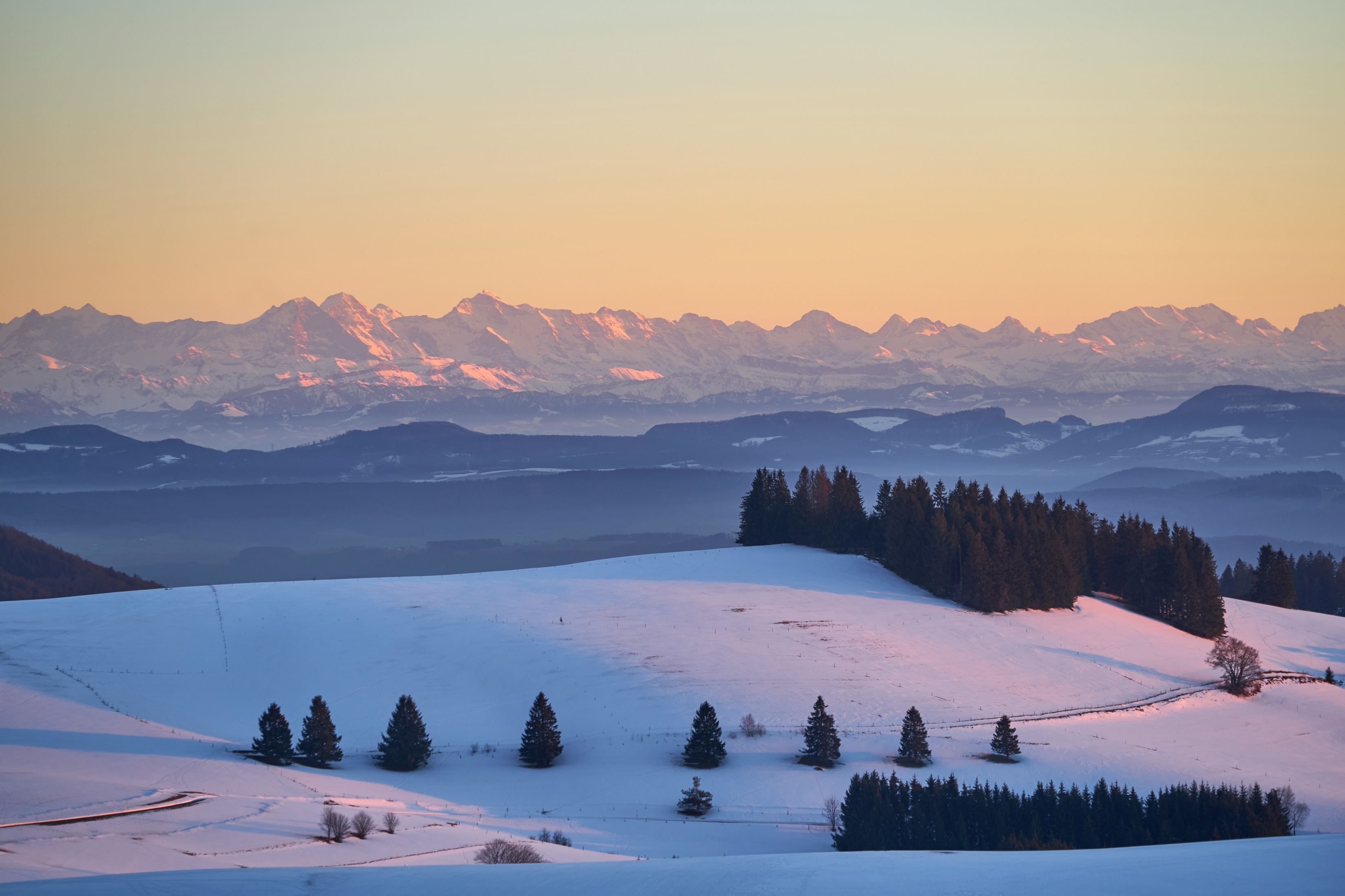 Colorful Sunset Over The Snow HD 4K wallpaper for Apple iPhone, Apple Watch, Mac, iPad and Apple Watch