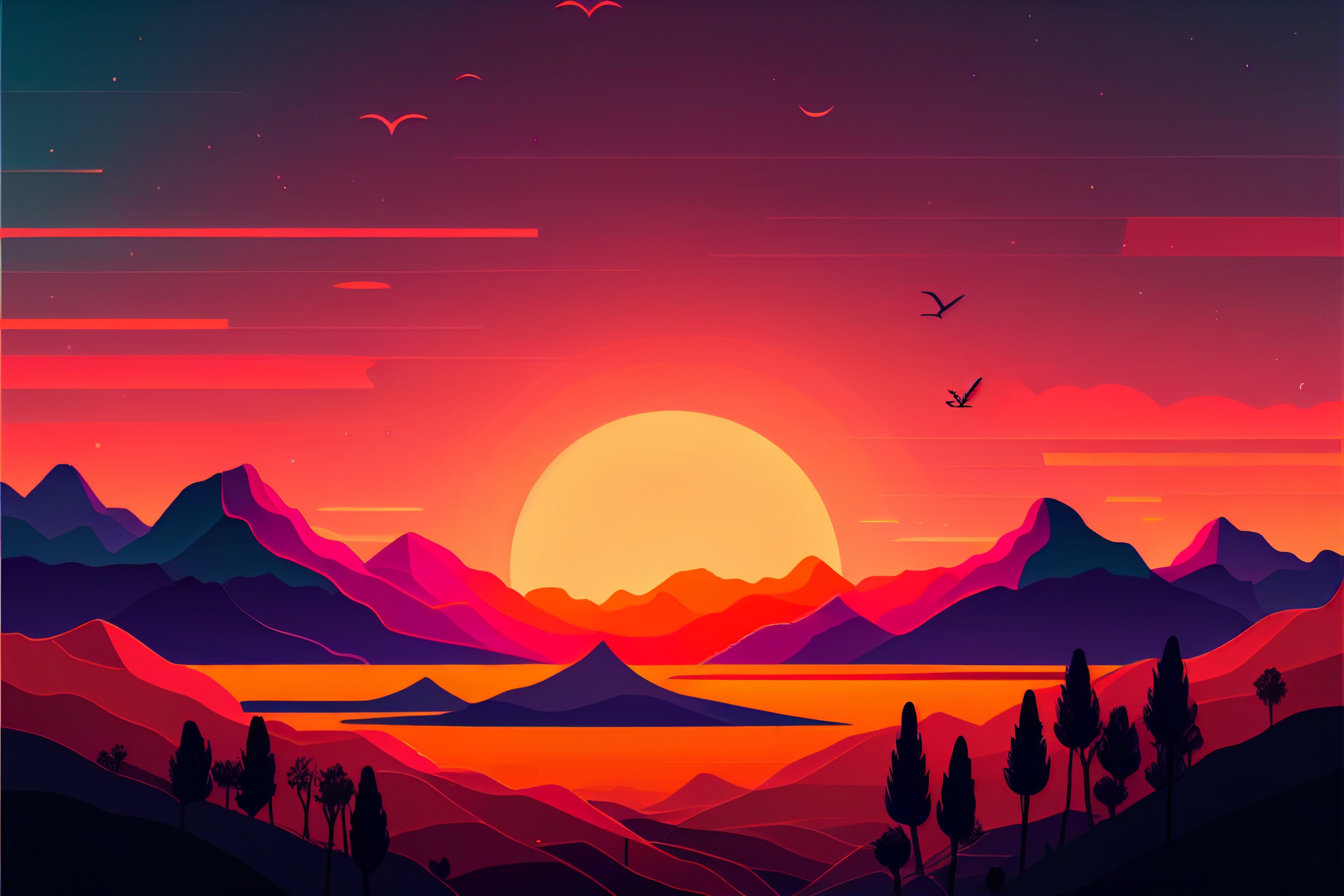 Digital Art Vibrant Sunset Over Mountains Purple Red wallpaper for Apple iPhone, Apple Watch, Mac, iPad and Apple Watch