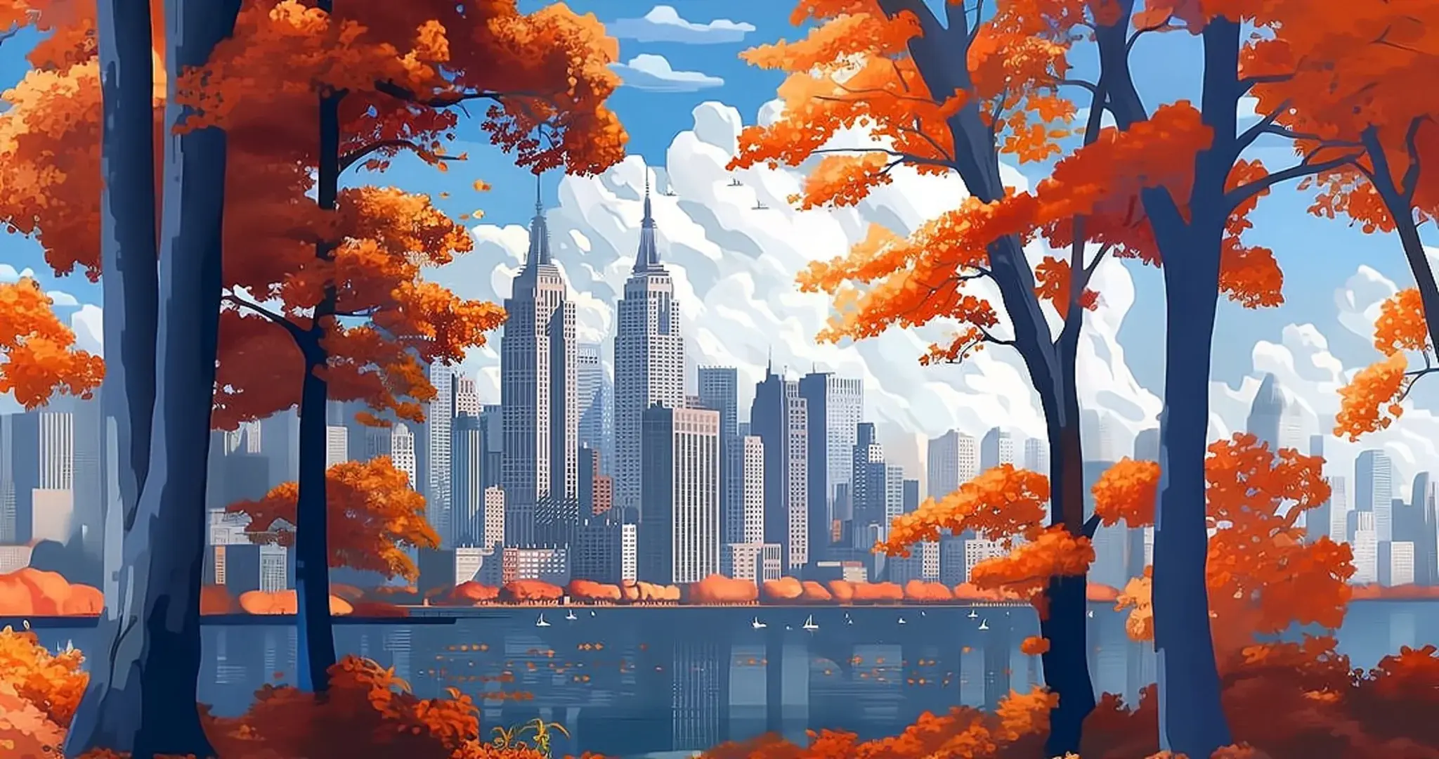 Drawing Of A City In Autumn Fall Leaves And Skyscrapers Skyline Best Most Popular Free Download Wallpapers For MacBook Pro And MacBook Air And Microsoft Windows Desktop PCs 4K