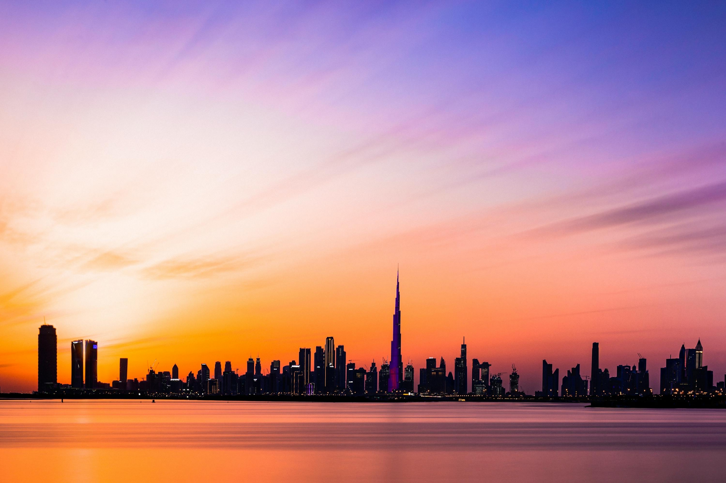 Dubai UAE United Arab Emirates At Sunset With Absolutely Gorgeous Purple Sky