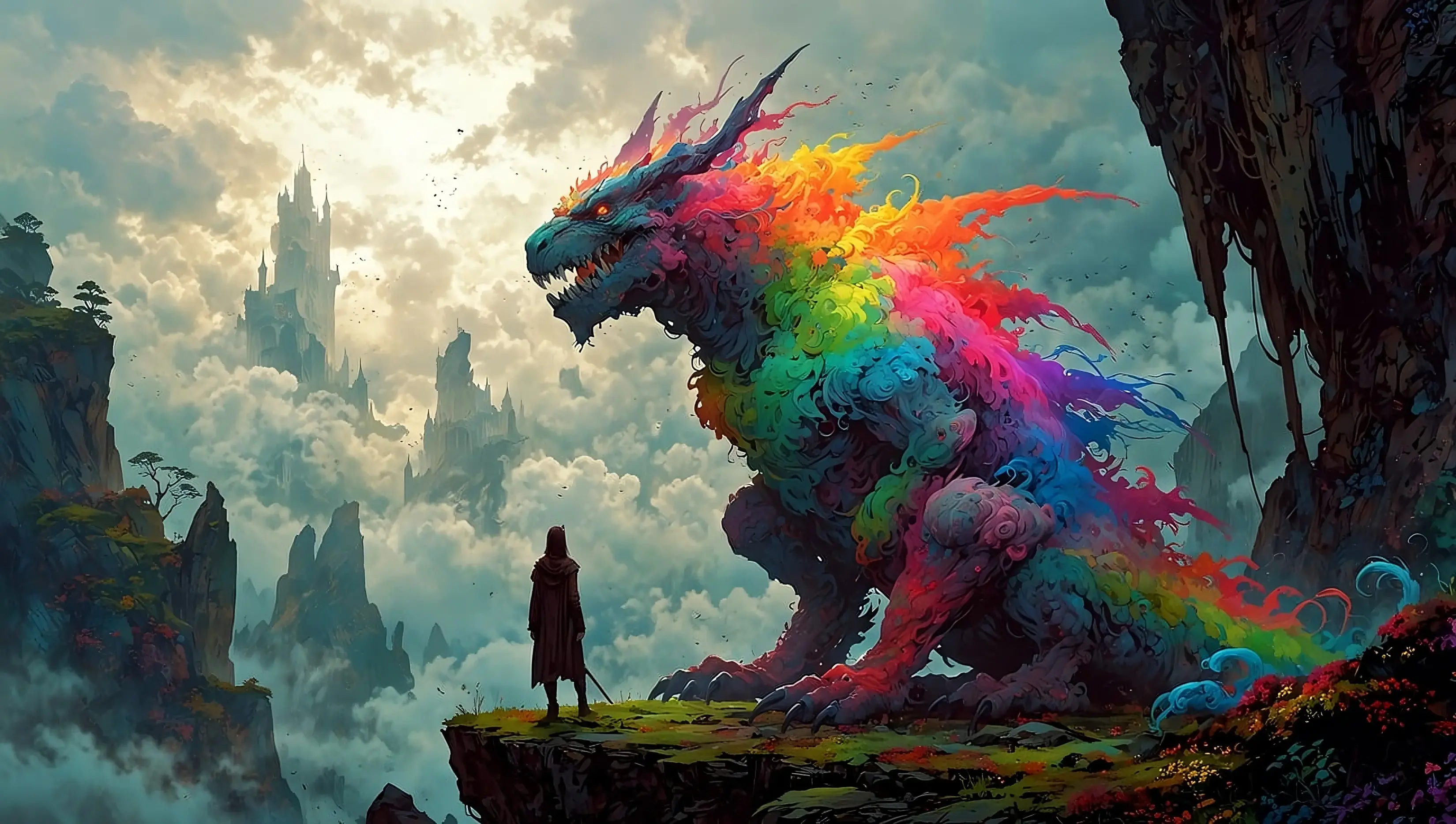 Fantasy Dragon Rainbow With Samurai Best 4K Desktop Wallpapers Backdrops And 8K Backgrounds 12k High Resolution HD Of 2025 For Apple Mac Windows PC Linux Chromebooks wallpaper for Apple iPhone, Apple Watch, Mac, iPad and Apple Watch