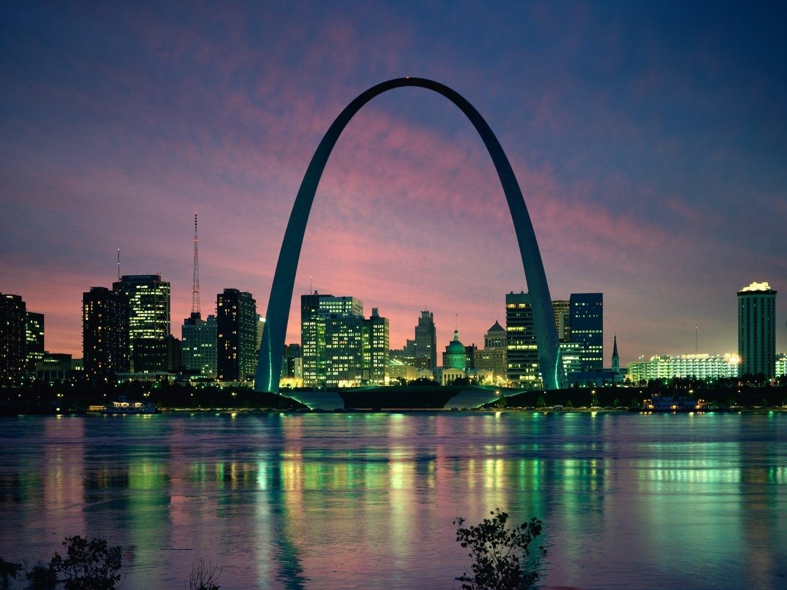 Gateway Arch City Skyline View Skyscrapers Lit Up Green St. Louis City Saint Louis Missouri State USA United States