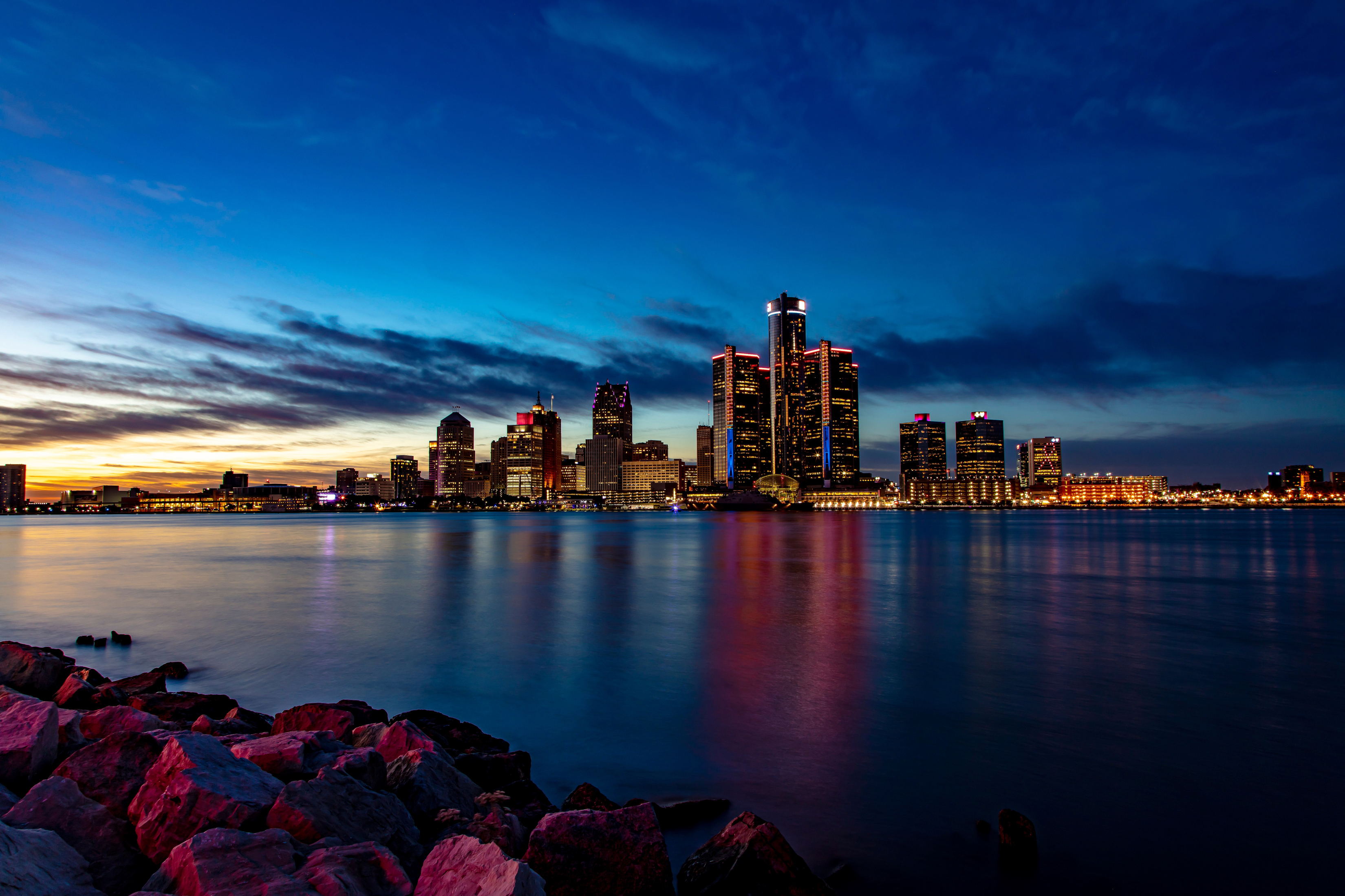 Golden Hour Sunset Skyscrapers City Skyline In Detroit City Michigan United States USA