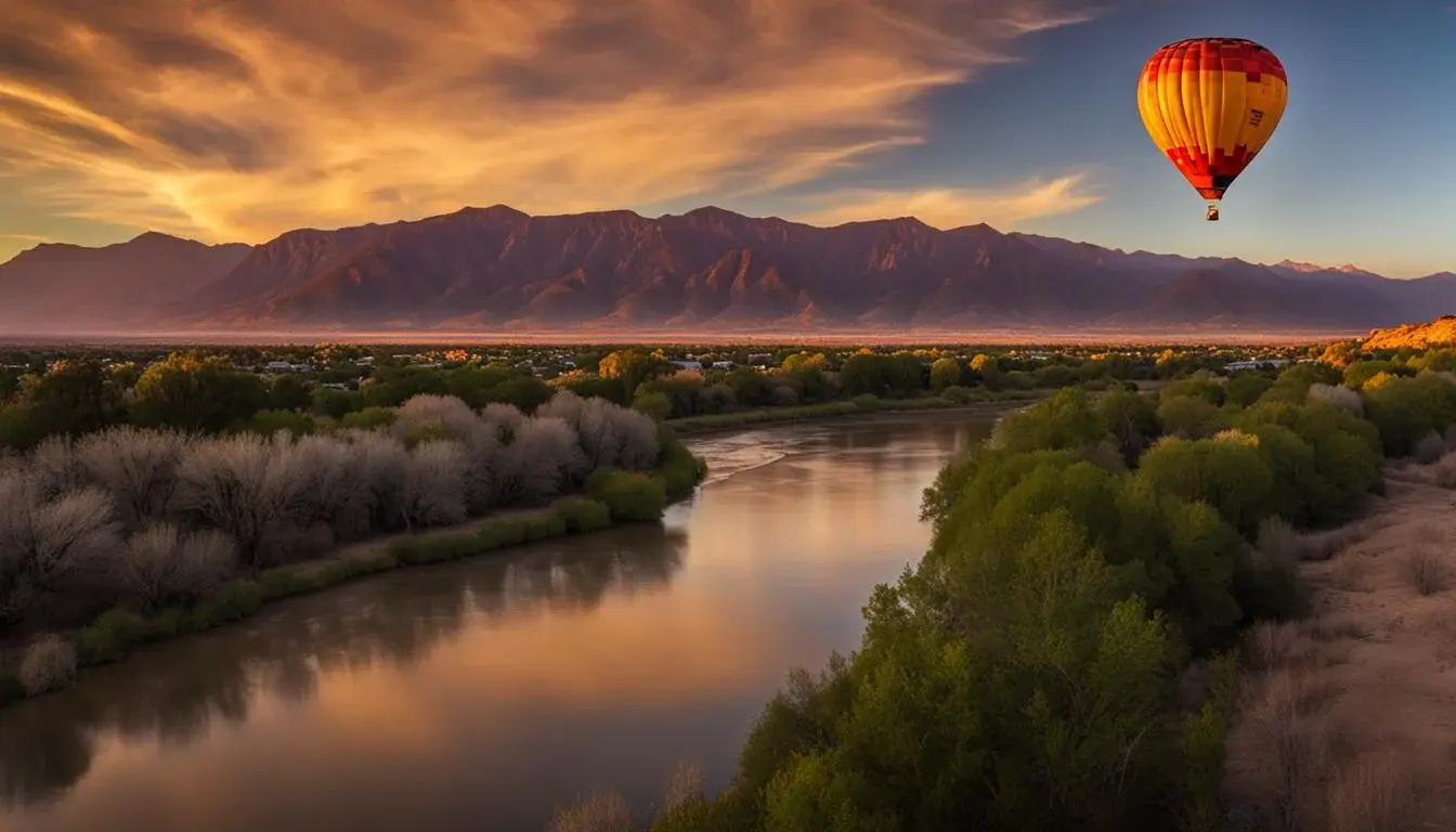 Hot Air Balloon Over Mountain Landscape Nature 8K Albuquerque County Town New Mexico State USA United States Small Towns wallpaper for Apple iPhone, Apple Watch, Mac, iPad and Apple Watch