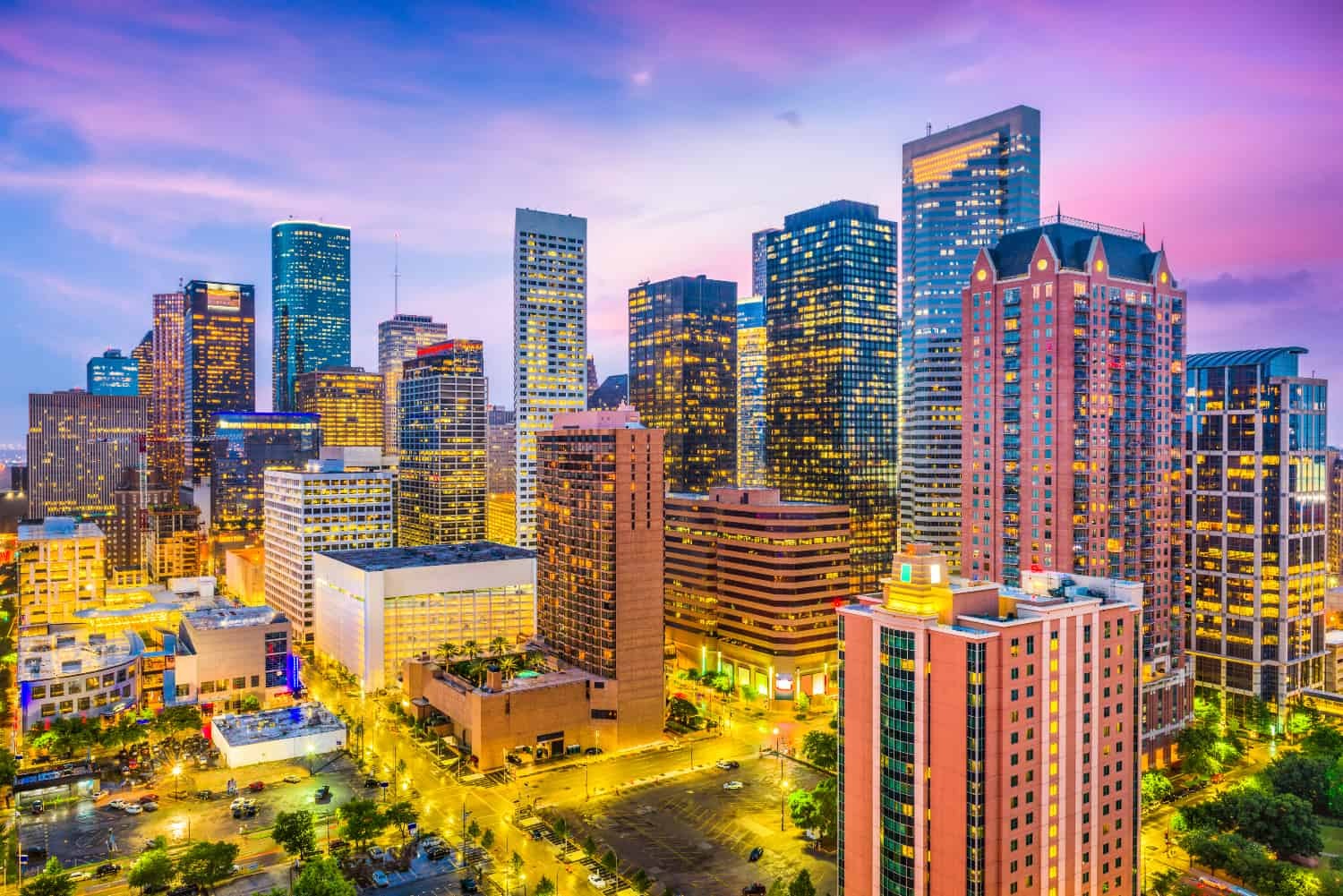 Houston Texas United States USA Vibrant Sunset Skyscrapers Architecture