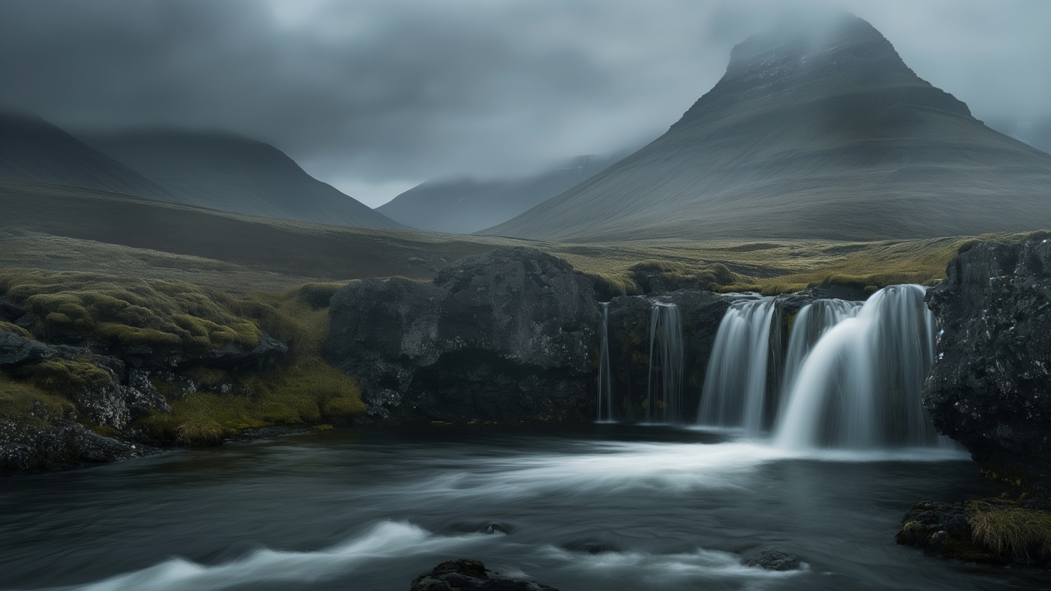 Iceland Waterfall Hills Landscape Beautiful Scenery Countryside