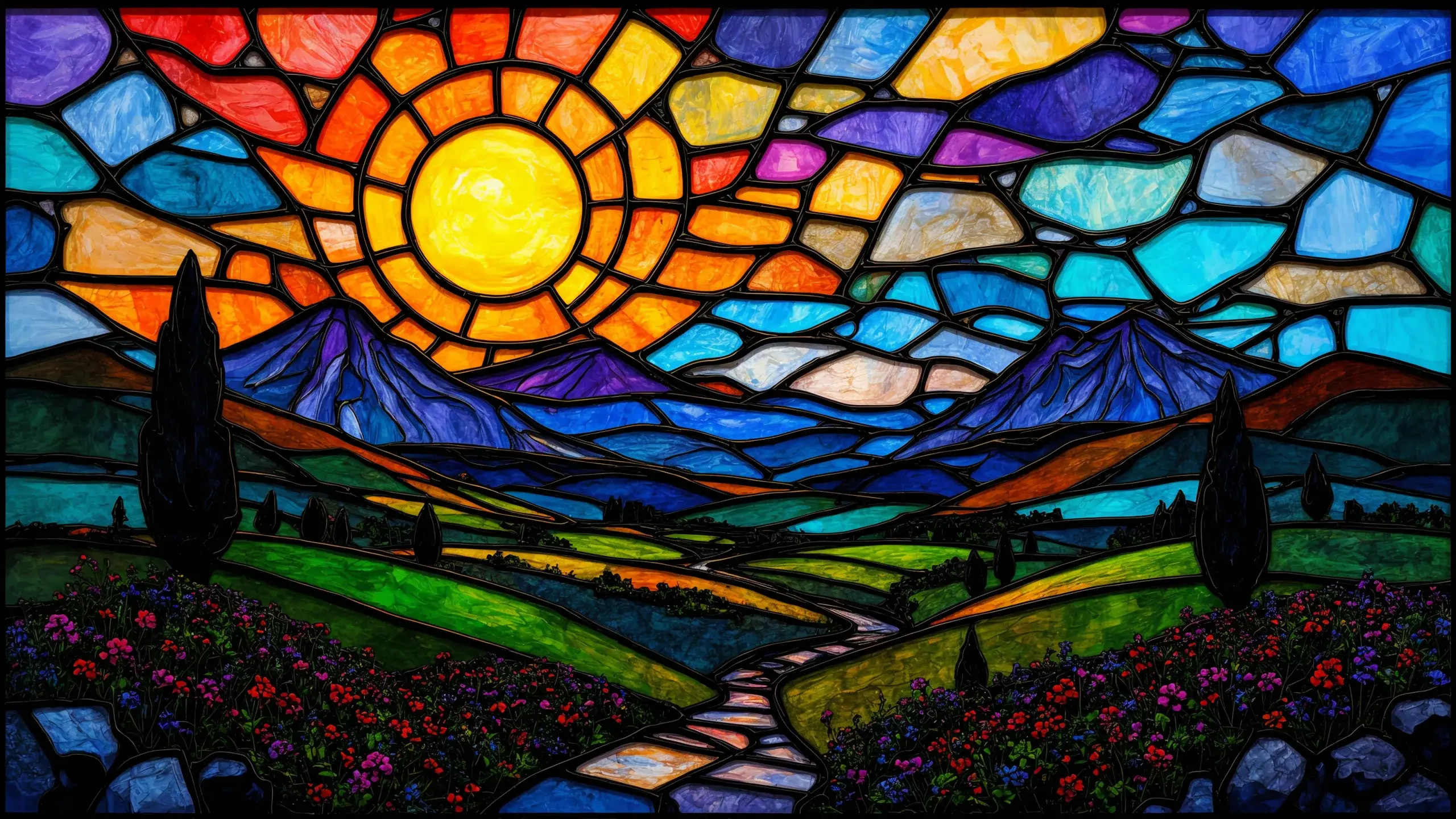 Landscape Sunset Stained Glass Artwork Top Rated Most Downloaded Free Download Wallpapers For MacBook Pro And MacBook Air And Microsoft Windows Desktop PCs 4K