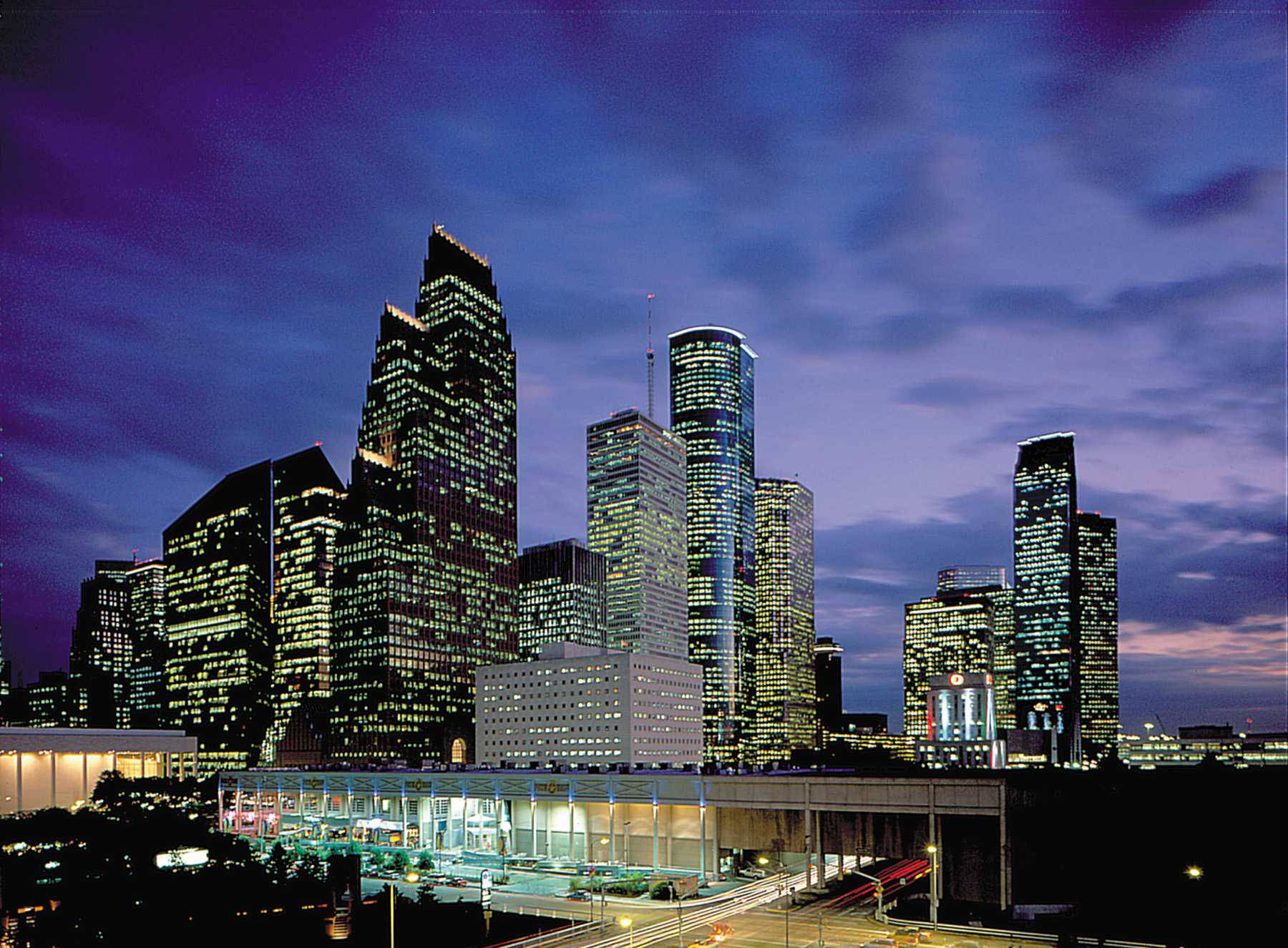 Luminous Houston Skyscrapers At Night Dark Mode