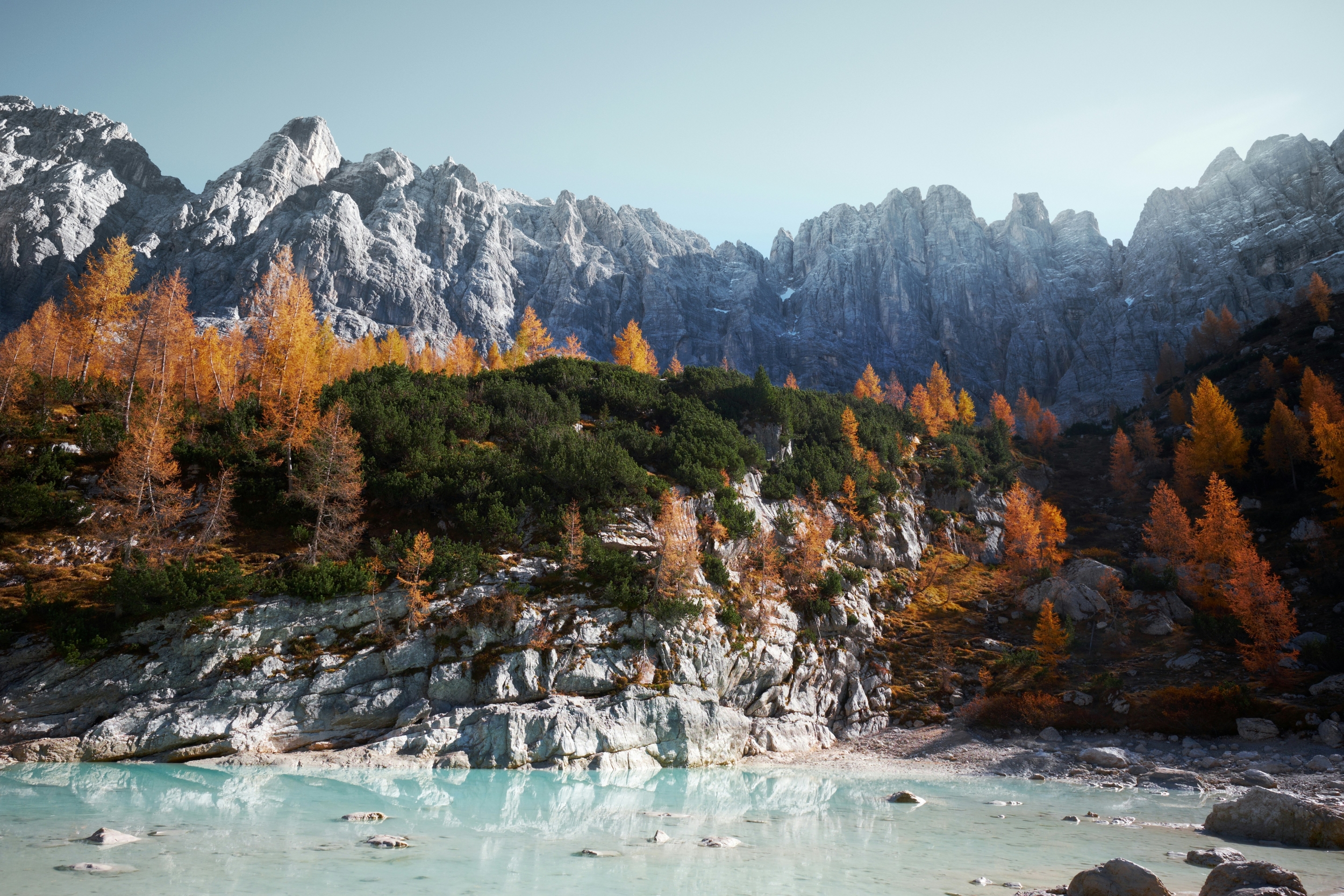 Mid-winter Lake In Autumn Fall Pine Trees With Mountains Landscape Nature