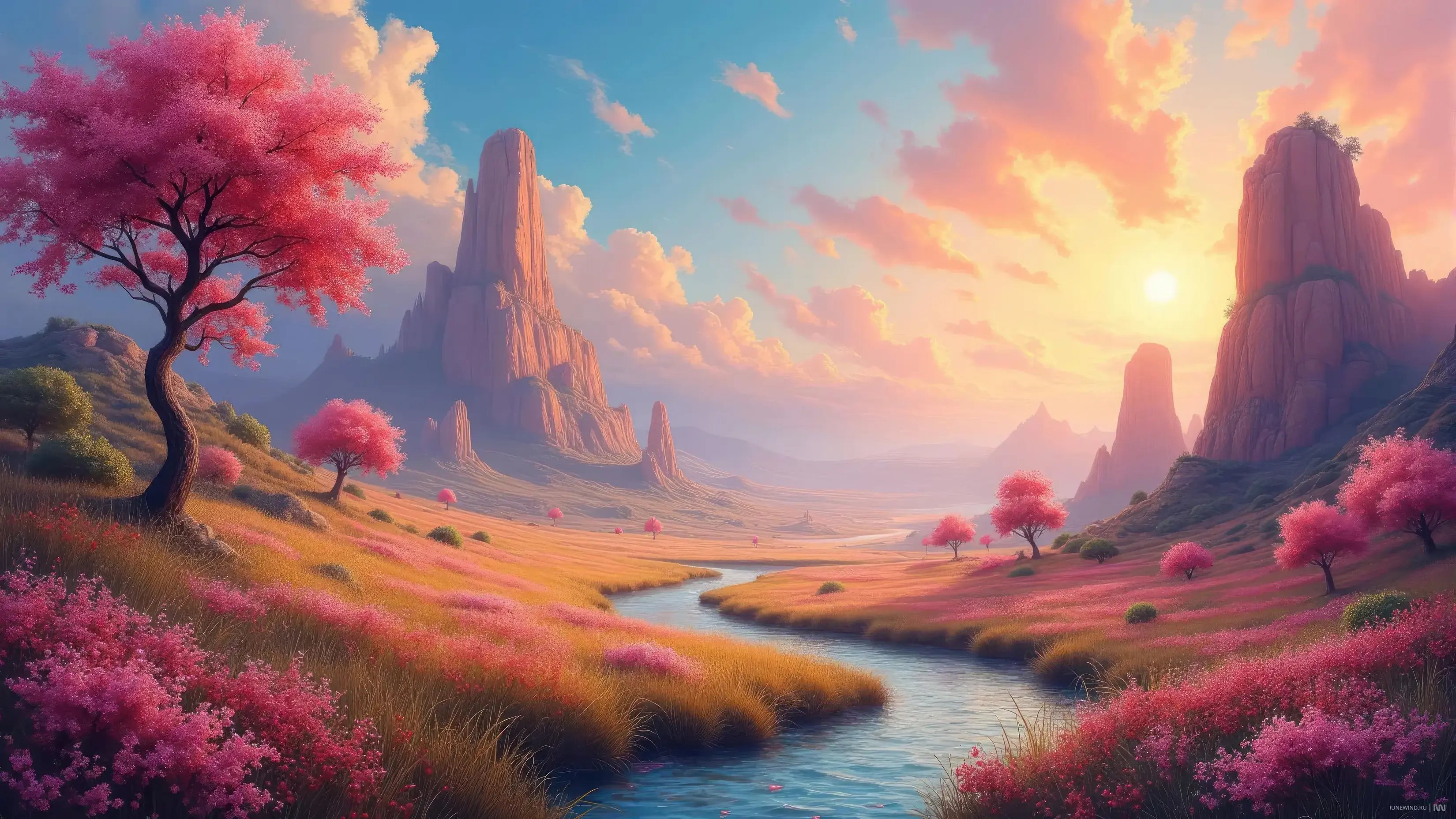 Oasis In The Desert Landscape With Pink Trees And Flowers Best 4K Desktop Wallpapers Backdrops And 8K Backgrounds 12k High Resolution HD Of 2025 For Apple Mac Windows PC Linux Chromebooks