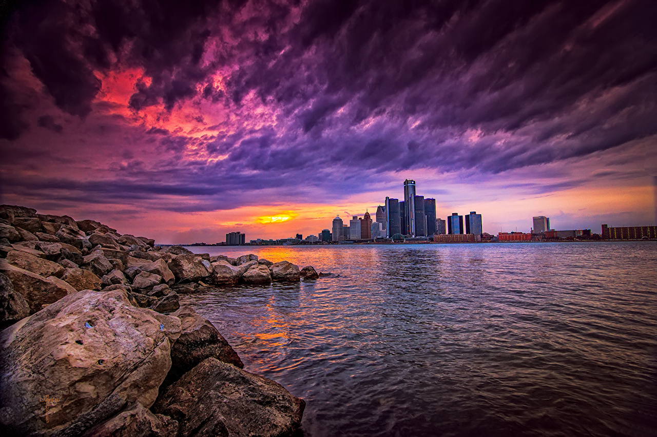 Red Purple Sunset Skies Over Detroit City Michigan United States USA