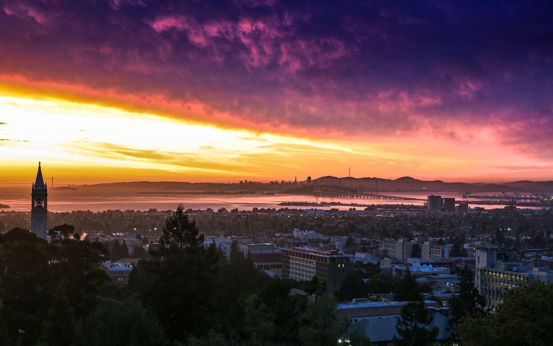 Sather Tower Purple Vibrant Intense Sunset Sunrise Berkeley San Francisco California State USA United States