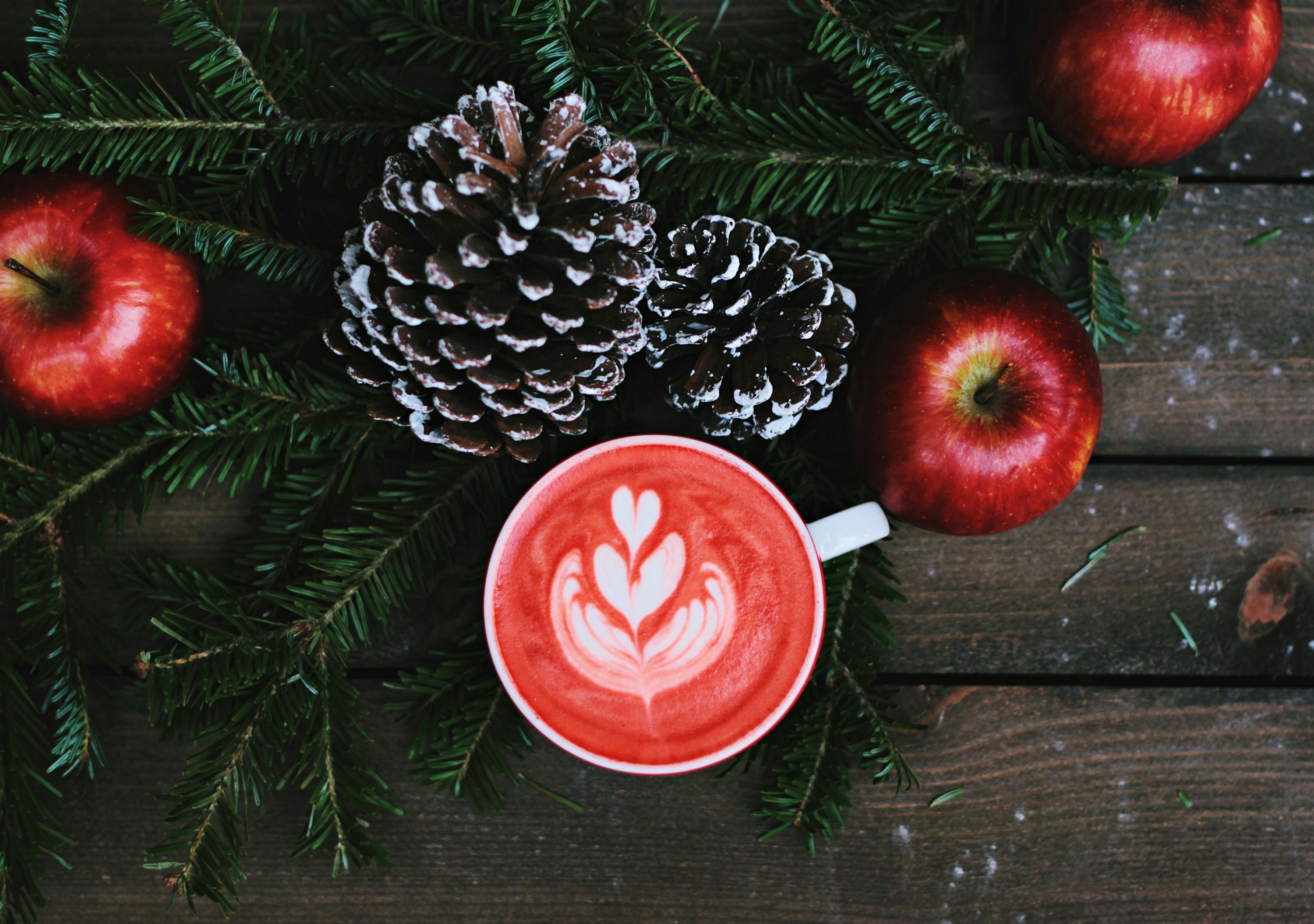 Seasonal Christmas Xmas Coffee And Pinecones And Apples From Above