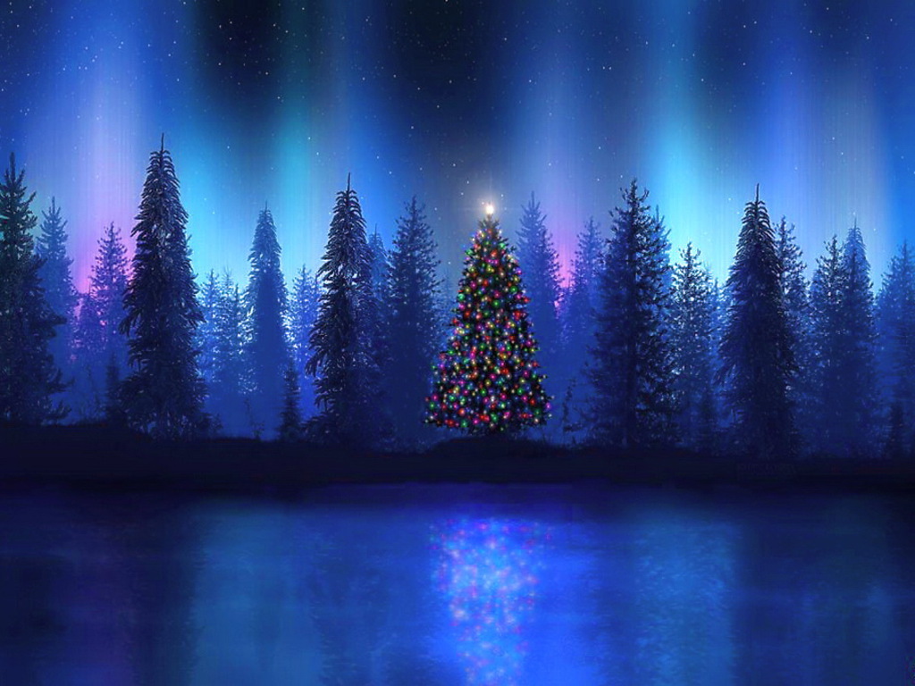 Seasonal Christmas Xmas Tree With Aurora Borealis Northern Lights wallpaper for Apple iPhone, Apple Watch, Mac, iPad and Apple Watch