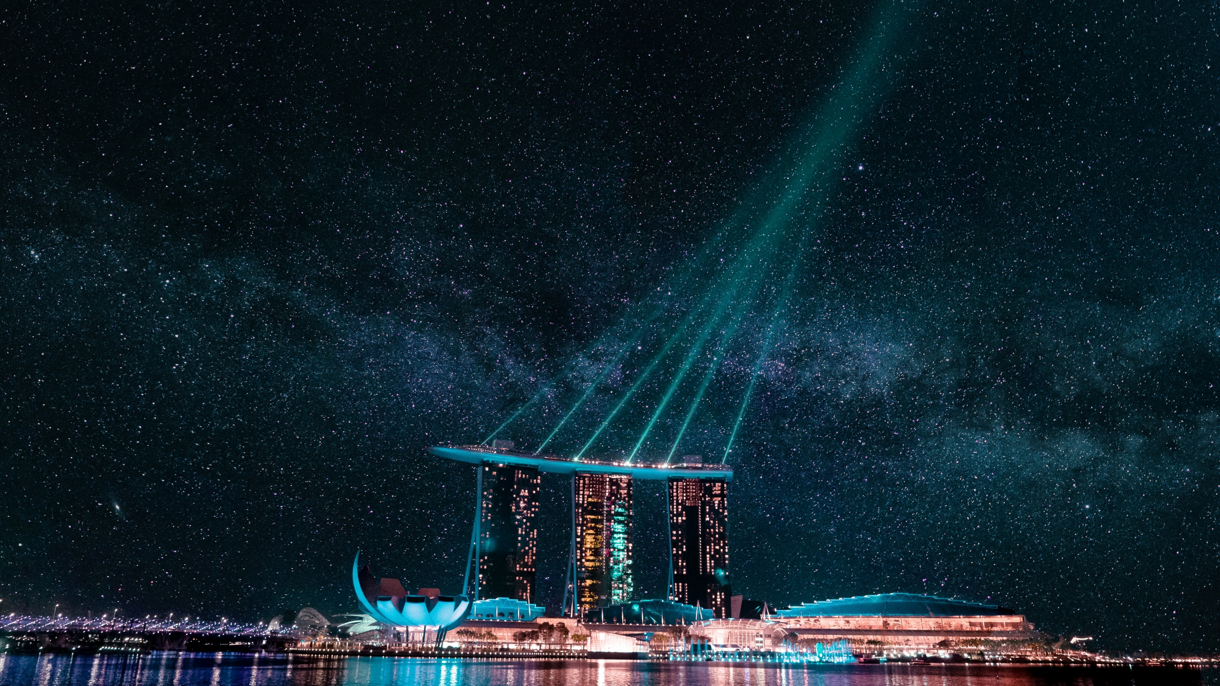 Singapore Marina Bay Sands Light Beams At Night With Stars