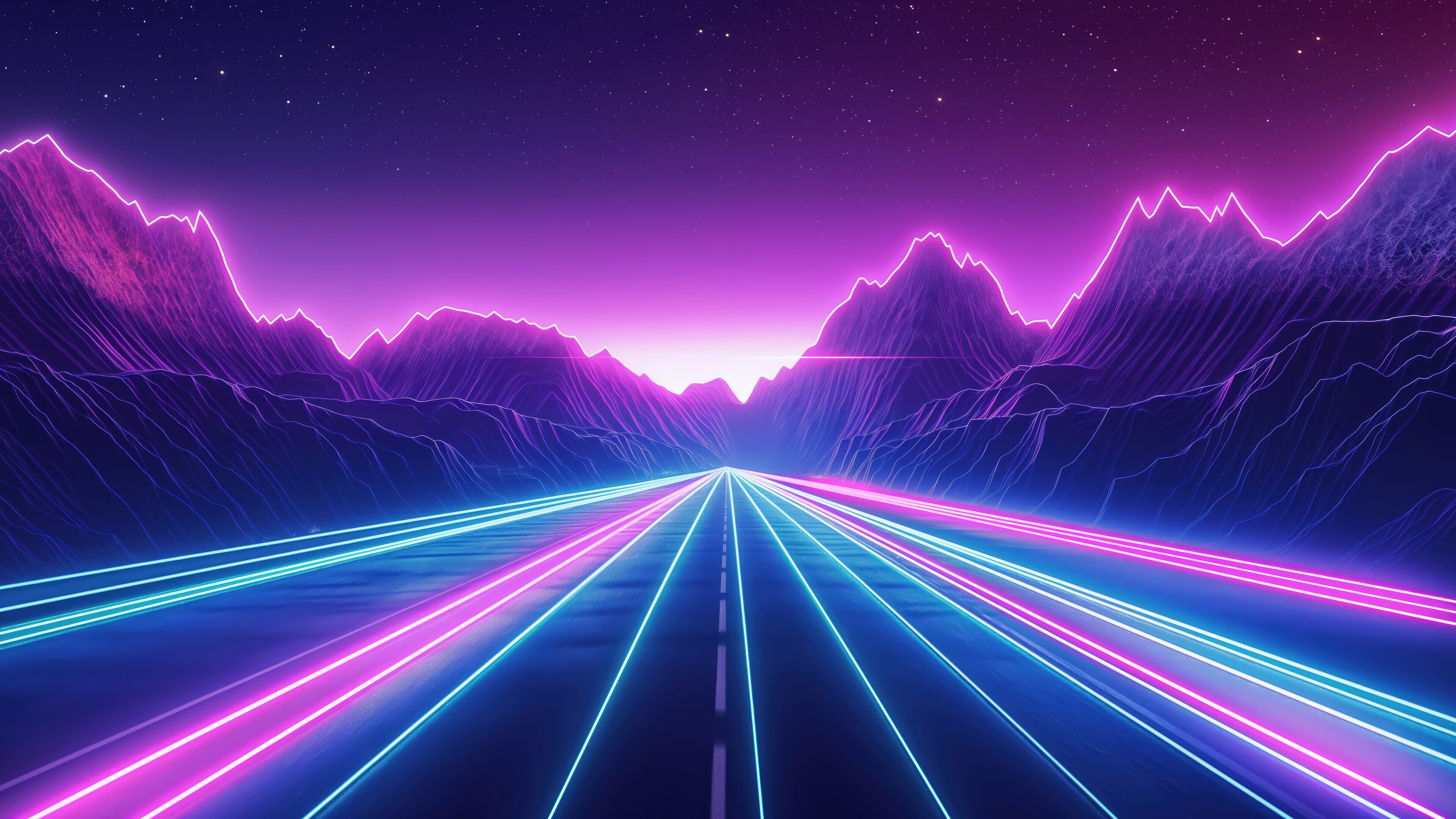 Synthwave Retrowave Street Road Neon Lights Digital Art 4K Wallpaper Blue And Purple Lines wallpaper for Apple iPhone, Apple Watch, Mac, iPad and Apple Watch