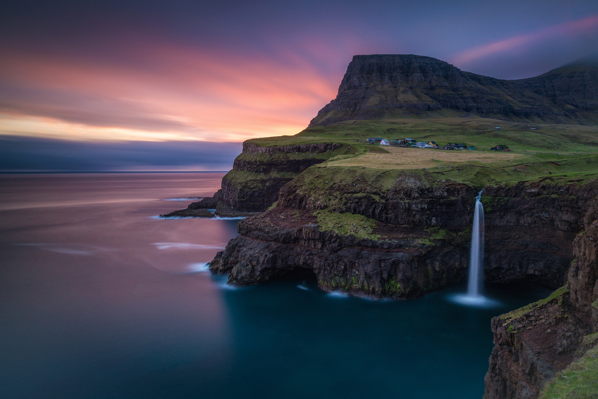 The Faroe Islands Kingdom Of Denmark Europe Mountain Landscape At Sunset Waterfall wallpaper for Apple iPhone, Apple Watch, Mac, iPad and Apple Watch