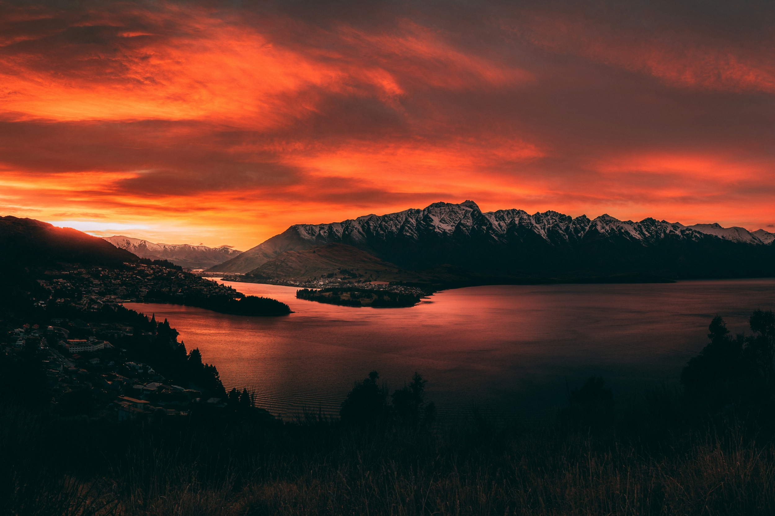 Vibrant Orange Sunset In Winter Over Mountains Landscape Nature